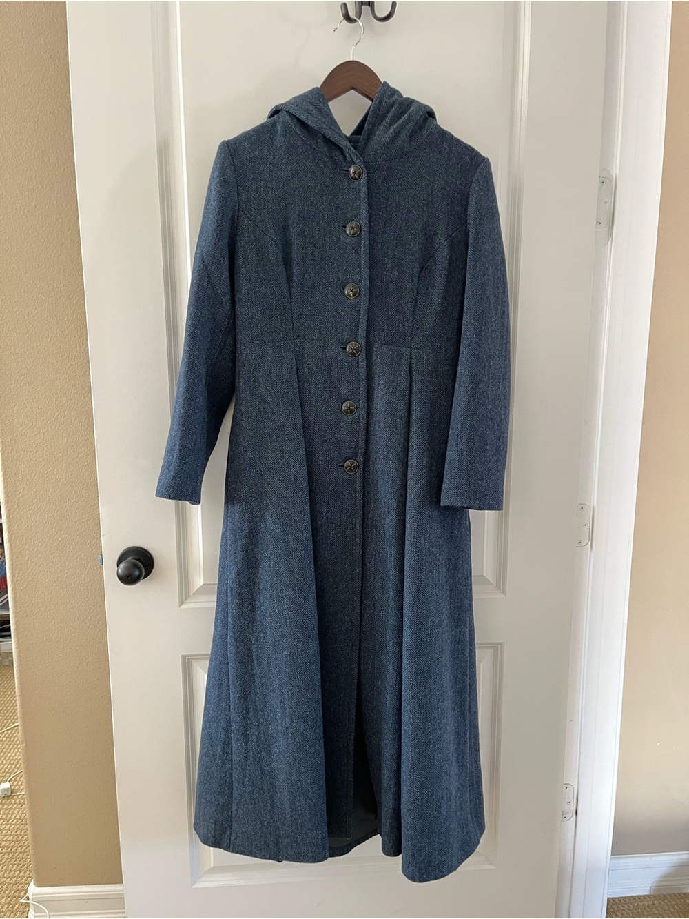 My Fair Lady Long Hooded Wool Trench Coat in Slate Blue - Picture 2 of 10